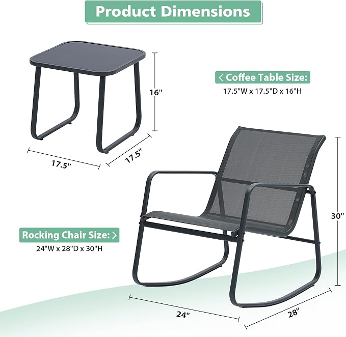 Ainfox 3 Piece Patio Outdoor Furniture Set, Textilene Fabric Patio Conversation Bistro Set with Rocking Bistro Chairs and Table, Small Patio Furniture Set for Backyard, Lawn, Garden, Poolside