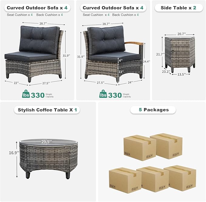MEISSALIVVE 11 Piece Outdoor Patio Furniture Set, Half-Moon Curved Sectional Sofa Rattan Conversation Set with Wood Armrests, Coffee Table & 2 Side Table（Grey）