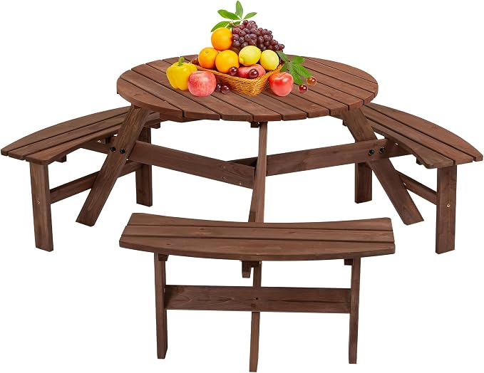 6 Person Outdoor Picnic Table, Wooden Picnic Tables with 3 Built-in Benches Table and Chairs Set with Umbrella Hole Outside Table and Bench Round Picnic Table Patio Tables for Garden, Backyard, Porch