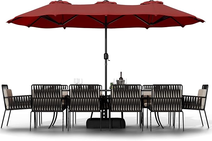 Shintenchi 16FT Large Patio Umbrella with Base Included, Outdoor Double-Sided Rectangular Shade with Crank Handle for Poolside Lawn, Deck & Garden, Red
