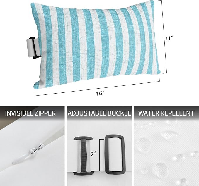 Outdoor Pillows with Insert 1 Pack-11"x16" Teal Stripes Head Pillow for Pool Lounger and Office Chair Modern Farmhouse Linen Texture Lumbar Pillow with Adjustable Strap
