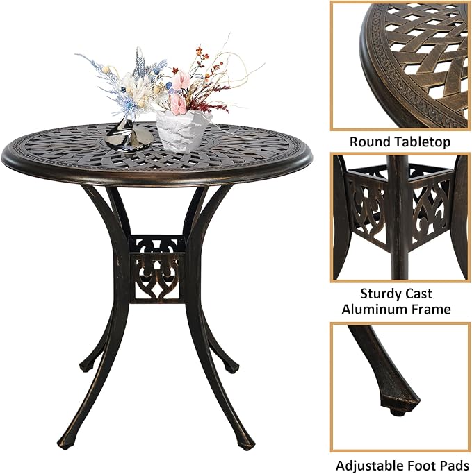 30 inches Patio Table with Umbrella Hole, Aluminum Round Bistro Table, Small Patio Furniture for Porch Backyard Outdoor (Bronze)