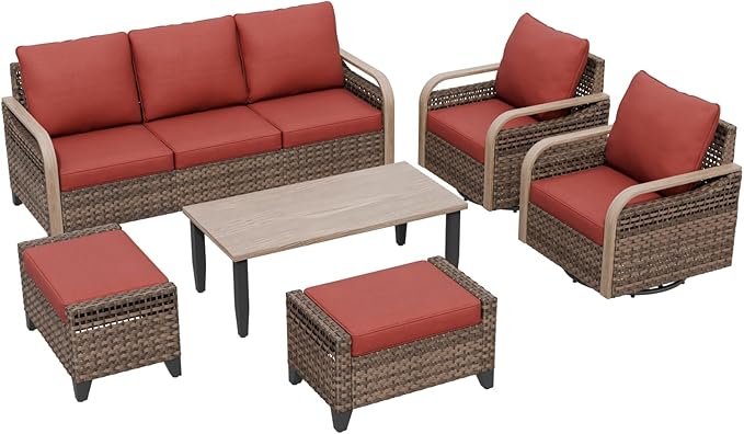 COOS BAY Modern Wicker Outdoor Furniture Set, 6 Piece Patio Conversation Set with 2 Swivel Rockers, a 3 Seat Couch, 2 Ottomans and Coffee Table, 6 Piece, Brown/Red