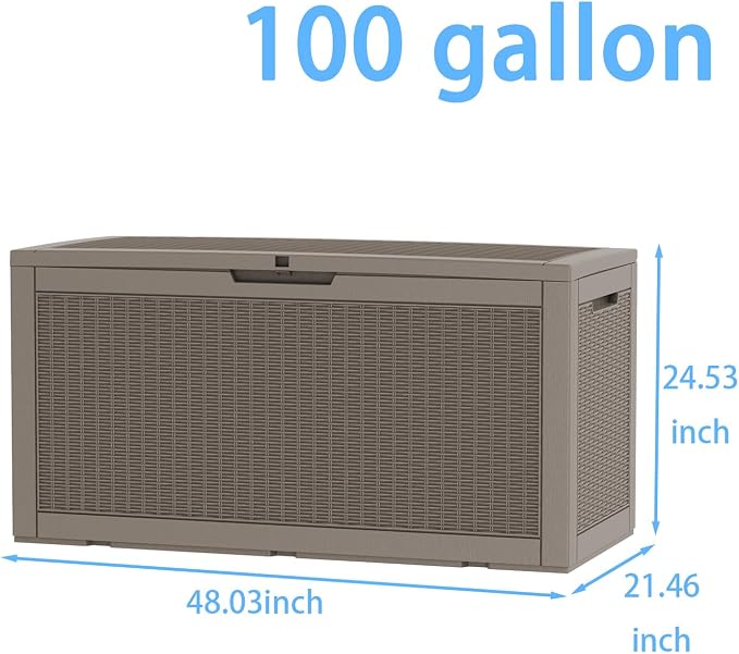 AmaVins Storage Box, 100 Gallon Rattan Pattern Deck Box with Anti-Pinch Hydraulic Rod, Indoor Use, Waterproof Resin, Package/Patio Cushions/Gardening Tools, Lockable, UV Resistant, Light Coffee