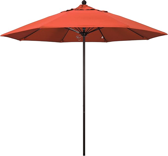 California Umbrella 9' Round Aluminum/Fiberglass Umbrella, Push Open, Bronze Pole, Olefin Sunset Fabric