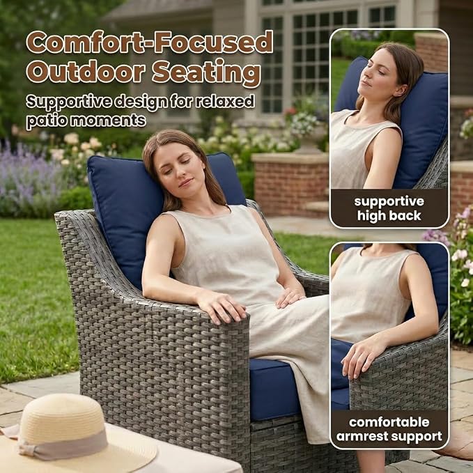 3-Piece Outdoor Patio Furniture Set, Grey Wicker Conversation Set with 2 Swivel Chairs and Side Table, 6-Inch Blue Olefin Cushions for Porch, Deck, Balcony