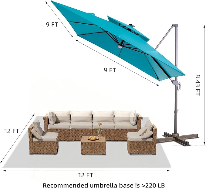 JZAC & QZYD 9x9 FT Outdoor Cantilever Patio Umbrella with Solar LED Lights, Large Heavy Duty 2-Tier Canopy Square Aluminum Offset Umbrellas with 360-Degree Rotation for Pool Deck Backyard, Turquoise