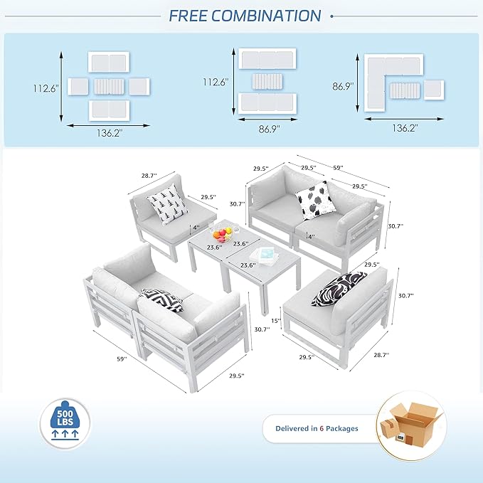 NICESOUL 8 Piece Large Luxury Aluminum Patio Conversation Set, 29" Deep Wide Comfortable Sitting, L Shaped Modular Sectional Couch, 500 lbs Heavy Duty All Weather Outdoor Sofa for Backyard, Light Gray