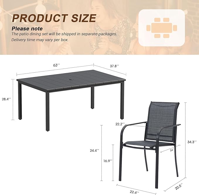 VICLLAX 7 Pieces Patio Outdoor Dining Set, 63" Rectangular Metal Dining Table with Umbrella Hole and 6 Stackable Textilene Chairs for Lawn, Garden, Porch, Black/Grey