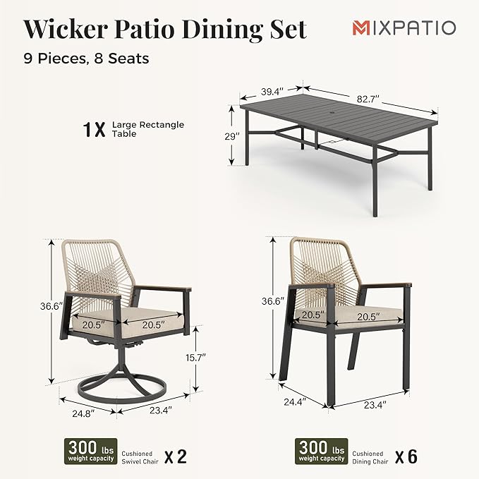 MIXPATIO 9 Pieces Outdoor Patio Dining Set, Wicker Patio Table and Chairs Set of 8, 6 Swivel and 2 Fixed Chairs with 3.2" Cushion and 83"x40" Rectangular Table for Yard, Porch, Beige