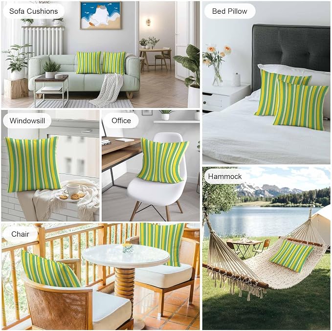Lemon Green Yellow Outdoor Pillow Covers 16x16 Inch Throw Pillow Covers Set of 2 Waterproof Decorative Pillow Cases Summer Modern Farmhouse Striped Cushion Covers for Patio Furniture Garden Couch Sofa