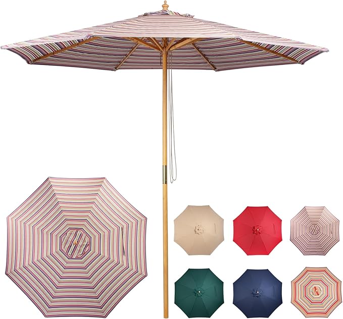 9ft Bamboo Umbrella, Outdoor Patio Umbrella, Waterproof Market Umbrella, 8 Ribs Table Umbrella with Pulley Lift for Garden, Deck, Pool, lawn, Backyard