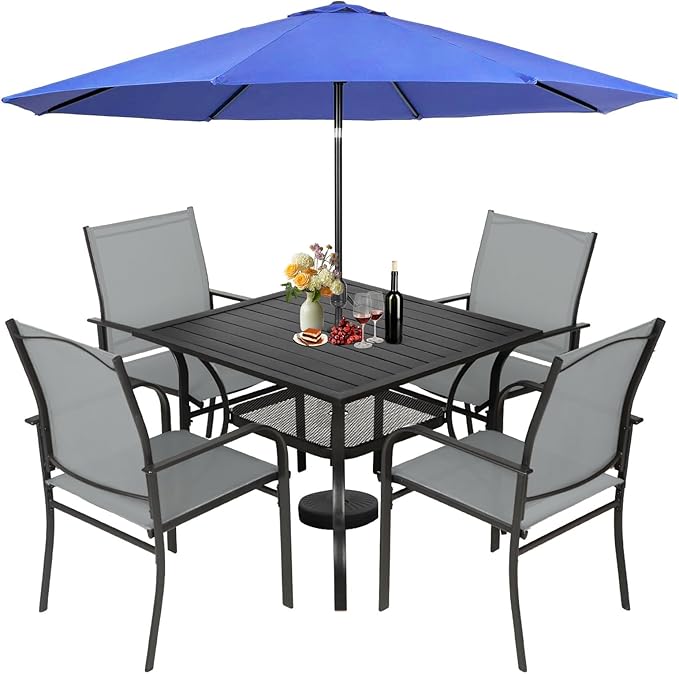 Incbruce 6 Pieces Patio Dining Set with Dark Blue Umbrella, Outdoor Dining Set of 4 Textilene Chairs and Square Table with Umbrella Hole for Backyard, Garden, and Poolside (Grey)