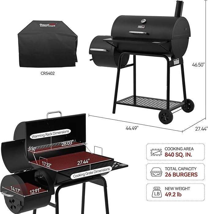 Royal Gourmet CC1830FC 28-Inch Barrel Charcoal Grill with Offset Smoker, 840 Sq. In. Cooking Area, Front Shelf, Charcoal Grill for Outdoor Grilling and Backyard Cooking, Black