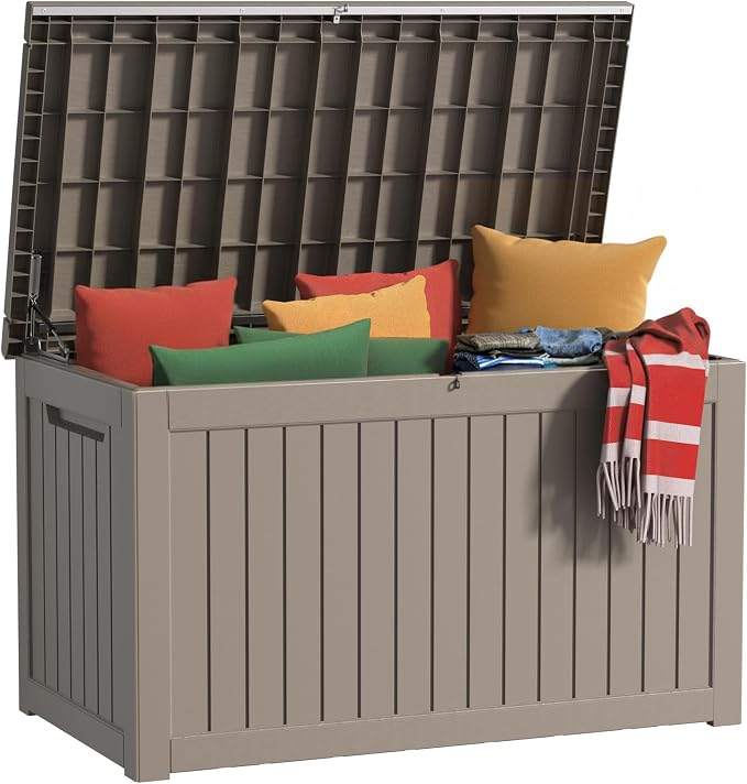 PatioZen 280 Gallon Deck Boxes Outdoor Waterproof, Weatherproof Outdoor Storage Boxes Lockable for Patio Furniture, Pool Supplies,Garden Tools(Grey)