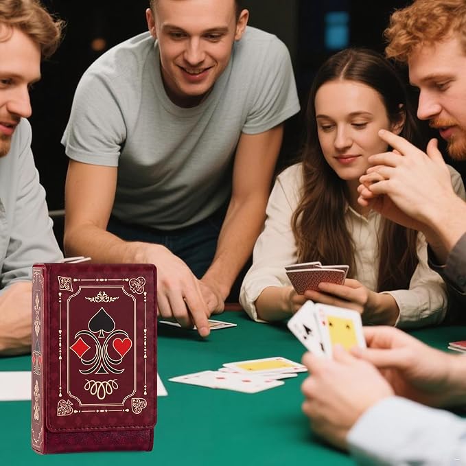 Leather Playing Card Box/Case, 4.7''x3''x1.3'' Deck of Cards Holder - Fits Bridge Cards, Playing Card Storage Box for Outdoor Travel Gaming (Red)