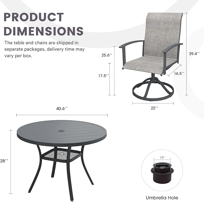5 Pieces Outdoor Patio Dining Set, 40.6" All Weather Round Metal Table with Umbrella Hole and Storage Shelf, 4 High Back Textilene Swivel Chairs for Garden, Lawn, Grey
