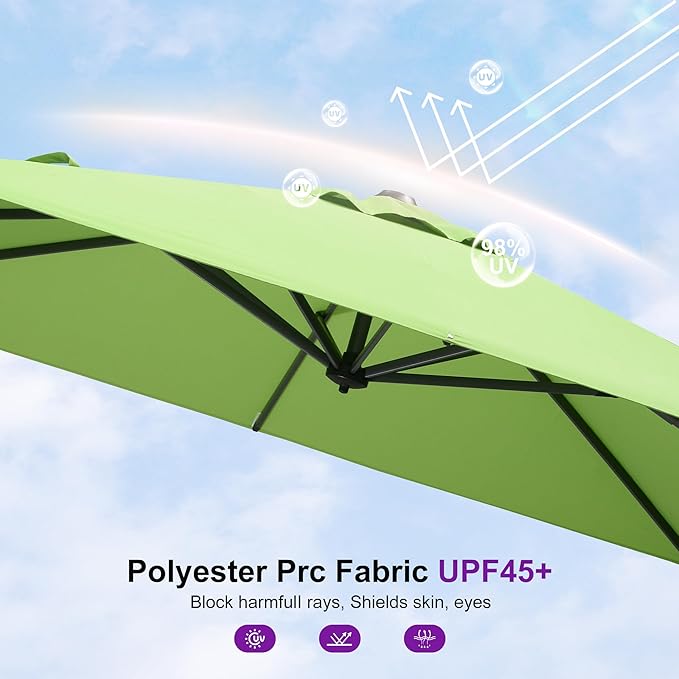PURPLE LEAF 8' X 8' Patio Umbrella with Base for Pool 7' High Offset Outdoor Cantilever Umbrella Swimming Pool Umbrella with 360°Rotation for Poolside Apple Green