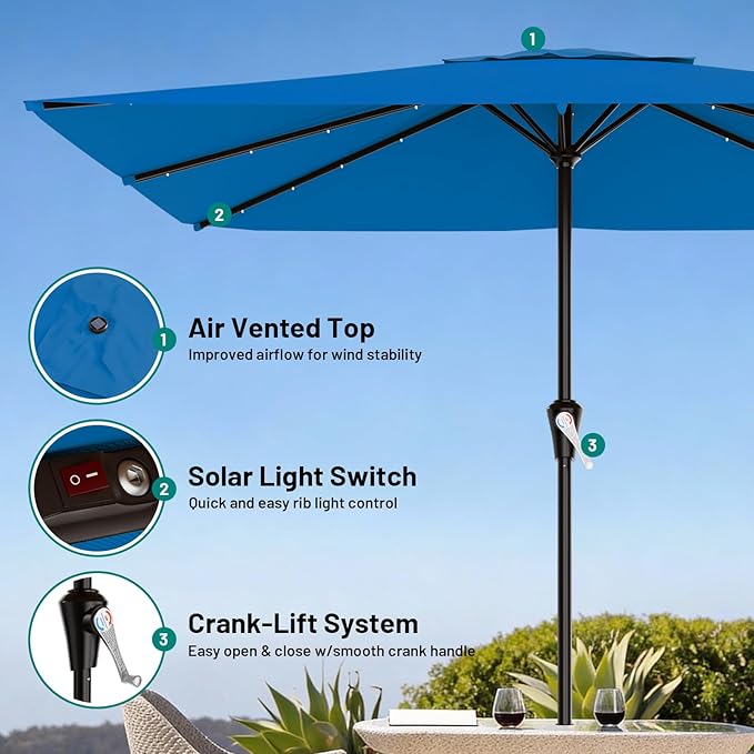 AreShark 8' X 10' Rectangular Patio Umbrella with Solar Lights, Lighted Solar Umbrella with Crank, Outdoor Table Umbrella for Garden, Deck, Backyard, Pool and Beach, Royal Blue