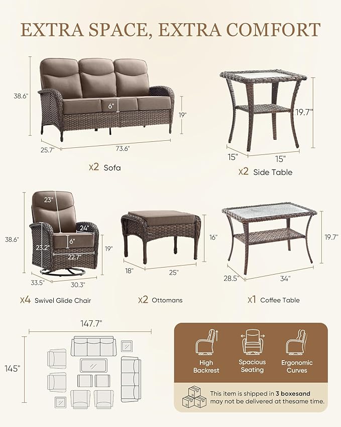 Belord Upgraded 6“ Cushion Luxury 11 Piece Patio Furniture Set - Wicker Outdoor Conversation Set with Swivel Rocker Patio Chairs, High Back Outdoor Furniture for Deck Porch Yard - Brown/Grey
