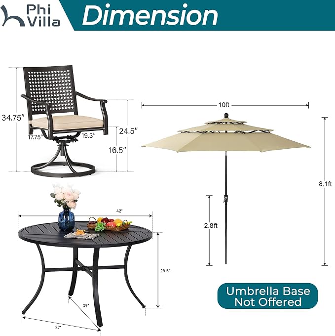 PHI VILLA Outdoor Round Table Set w/Umbrella, Patio Metal Furniture for 4 | 42" wrought iron table & swivel chairs. 10ft beige umbrella. 5pc dining set for deck, porch, backyard.