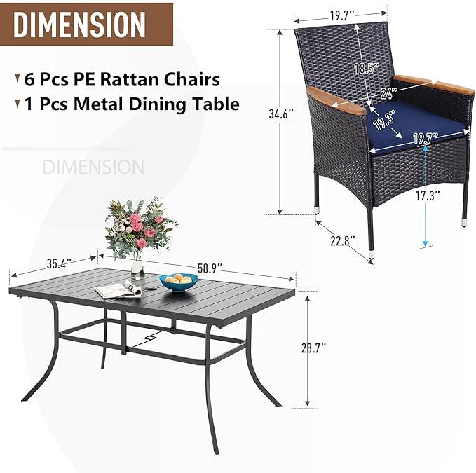 Sophia & William 7 Pieces Patio Dining Set for 6 People, Metal Outdoor Dining Table with 1.9" Adjustable Umbrella Hole, 6 Pcs Rattan Chairs, All Weather Patio Table and Chairs Set