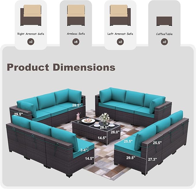 Patio Furniture Set 14-Piece Outdoor Furniture for Backyard Wicker Sectional Sofa Set, PE Rattan Patio Conversation Set 12 Seat with 4 Inch Thickened Cushions and Glass Coffee Tables, Blue