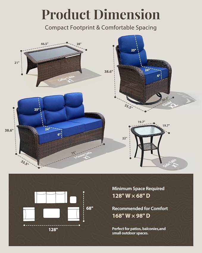 Patio Furniture Set with Luxury 6" Cushions, 5 Pcs High Back Swivel Rocking Patio Chairs and Couch, Outdoor Wicker Conversation Set for Deck, Porch, Backyard, Poolside, Blue