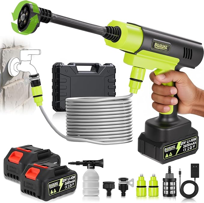 Cordless Pressure Washer Portable Battery Powered Pressure Washer with 2 Batteries & 6-in-1 Nozzle,Handheld Power Washer for Car Washing,Patio,Yard Cleaning (Connects to Your Tap)