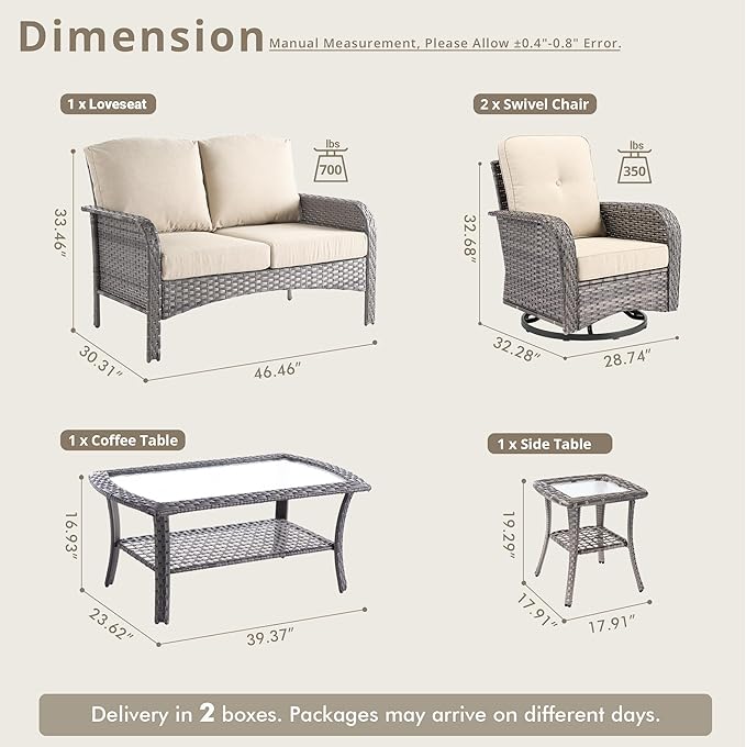 5 Pieces Wicker Patio Furniture Set, High Back Swivel Rocker Chairs Outdoor Loveseat Sofa and Rattan Coffee Table, Outdoor Conversation Sets for Porch Deck Backyard Poolside, Beige