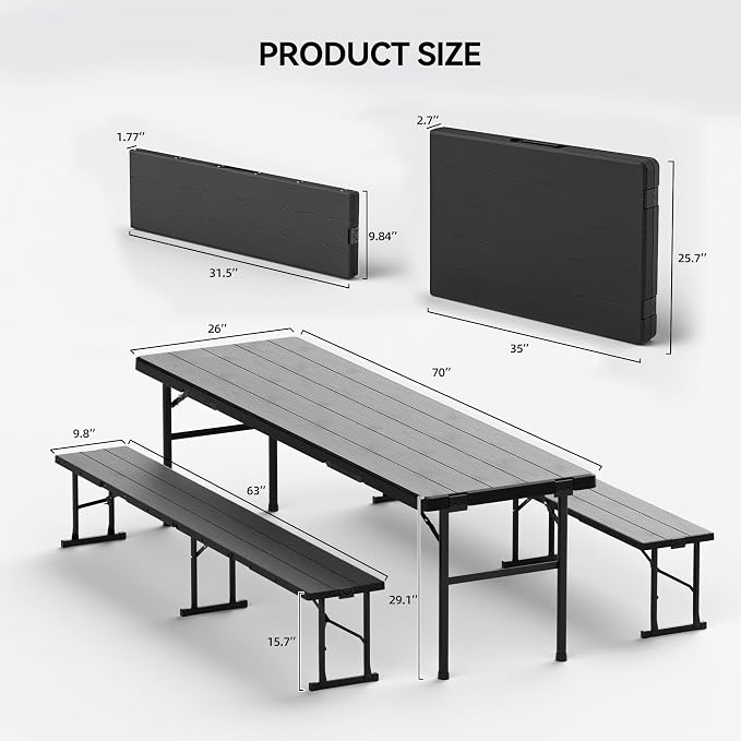 6FT All-in-One Folding Table and Chair Set, Seats 6-8, Chairs Store Inside to Form Carrying Case, Heavy Duty HDPE & Steel, Portable Space-Saving for Outdoor, Party, Camping, Picnic,Black
