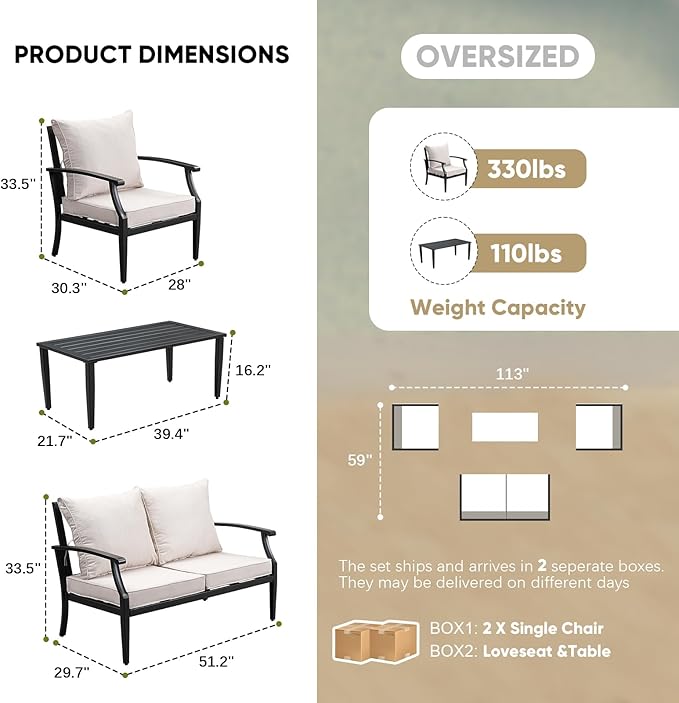4 Pieces Patio Furniture Set w/loveseat,Coffe Table,Outdoor Conversation Metal Sofa with High Back and Thick Cushion,for Backyard,Garden,Beige
