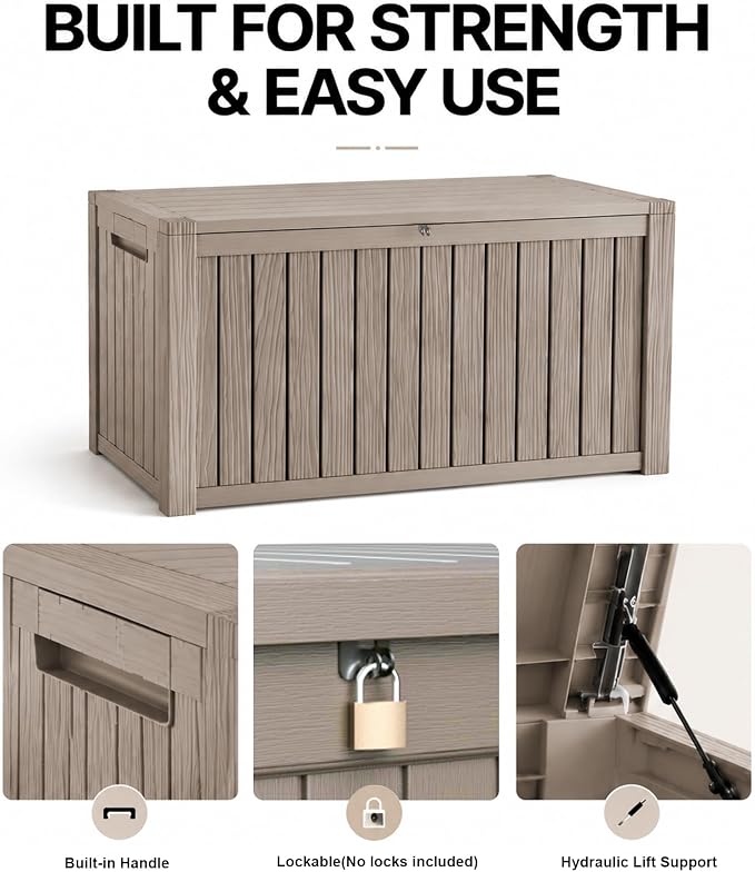 MAKINO 205 Gallon Large Waterproof Deck Box, Heavy Duty Resin Outdoor Storage Box, Outdoor Storage Bench with Hydraulic Rod for Patio/Cushions/Garden Tools/Backyard/Pool Accessories, Grey Brown