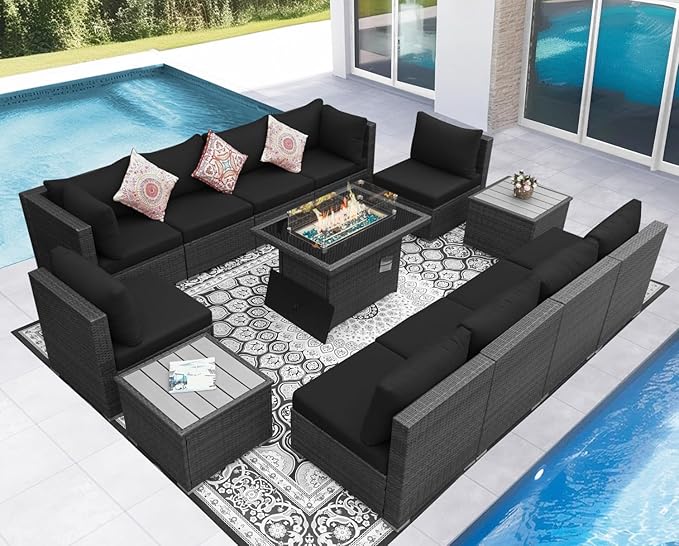 NICESOUL 13 Piece Outdoor Sectional Furniture with Firepit, Contemporary Back Yard Fireplace w/Seating Area, Plus Size 29.3'' High Back Patio Set, All-Weather Wicker Couch for Exterior, Gray & Black