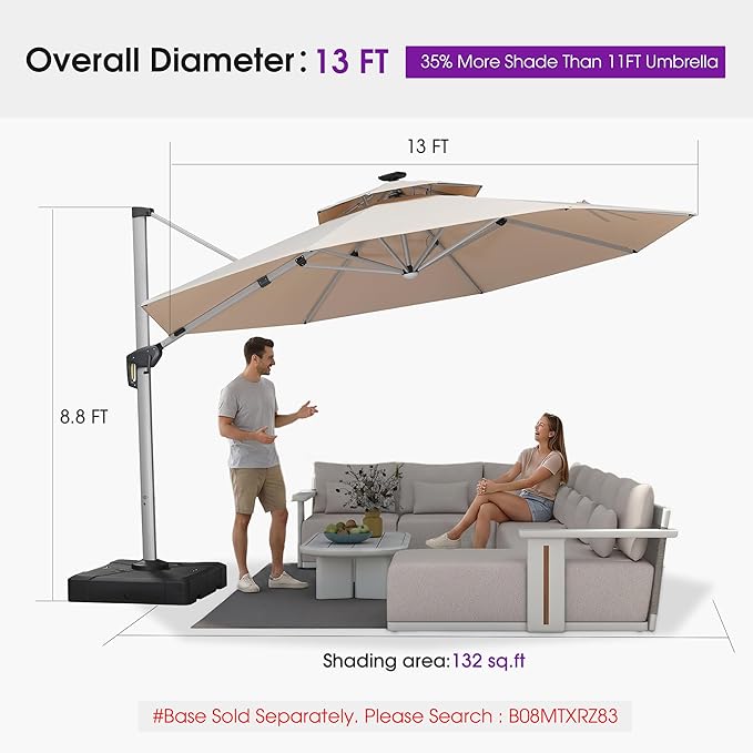 PURPLE LEAF 13ft Patio Umbrella with Lights Outdoor Round Large Cantilever Umbrella Solar Powered LED Windproof Offset Umbrella Heavy Duty for Garden Deck Pool Patio, Beige