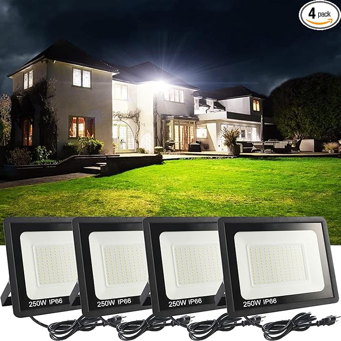 4Pack LED Flood Light Outdoor,250W LED Work Light 26500lmwith 6FT US Plug,IP66 Waterproof Exterior Security Lights,6000K Daylight White Outside Floodlights Slim Design for Playground Yard
