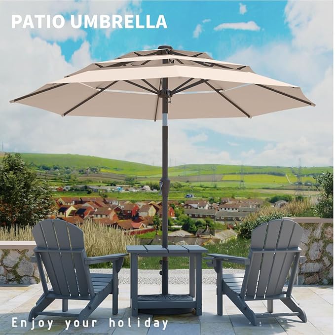 10FT Patio Umbrella 3 Tiers Outdoor Market Umbrella w/Push Button Tilt, Crank, UV and Waterproof Table Umbrella for Garden, Pool, Backyard, Deck, Lawn, Beige