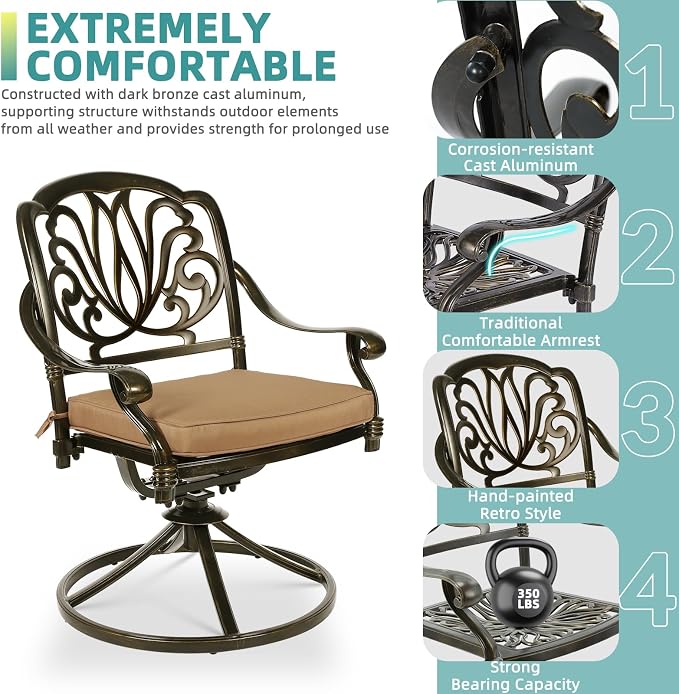 MEETWARM 7-Piece Outdoor Patio Dining Set, All-Weather Cast Aluminum Patio Conversation Set with 2 Swivel Rocker Chairs, 4 Stationary, 1 Rectangular Table, 6 Cushions, 2" Umbrella Hole
