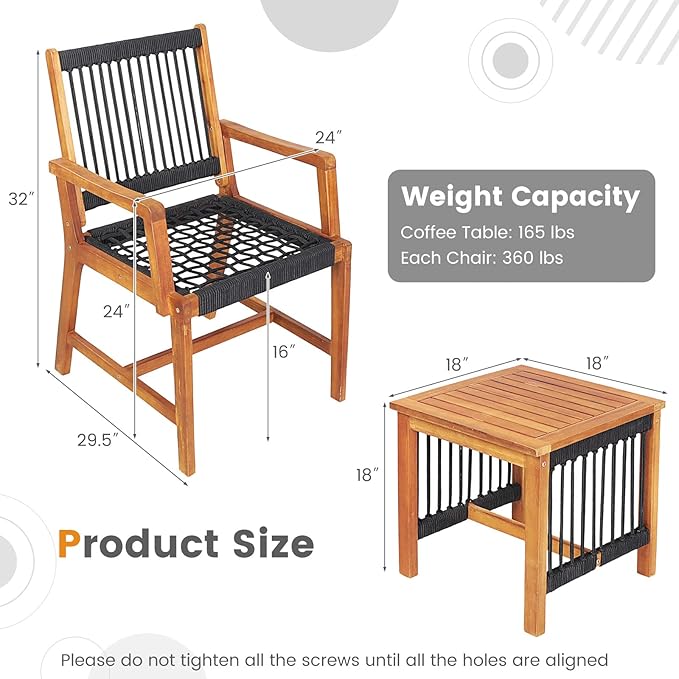 Tangkula 3 Pieces Acacia Wood Outdoor Furniture Set, All-Weather Rope Woven Bistro Set with Armchairs and Coffee Table, Patio Conversation Set for Front Porch, Deck, Balcony