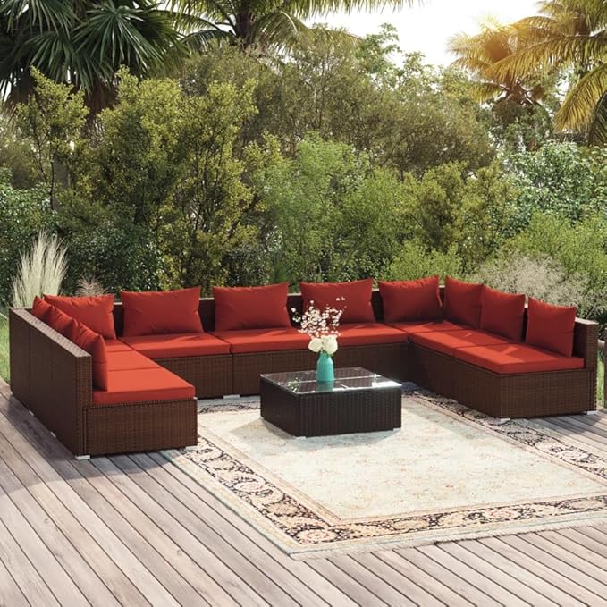 10 Piece Patio Lounge Set with Cushion, Piece Patio Set Patio Lounge Set Outdoor Patio Sectional Furniture Conversation Sets s Poly Rattan Brown