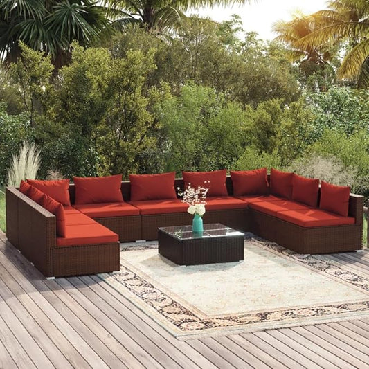 10 Piece Patio Lounge Set with Cushion, Piece Patio Set Patio Lounge Set Outdoor Patio Sectional Furniture Conversation Sets s Poly Rattan Brown