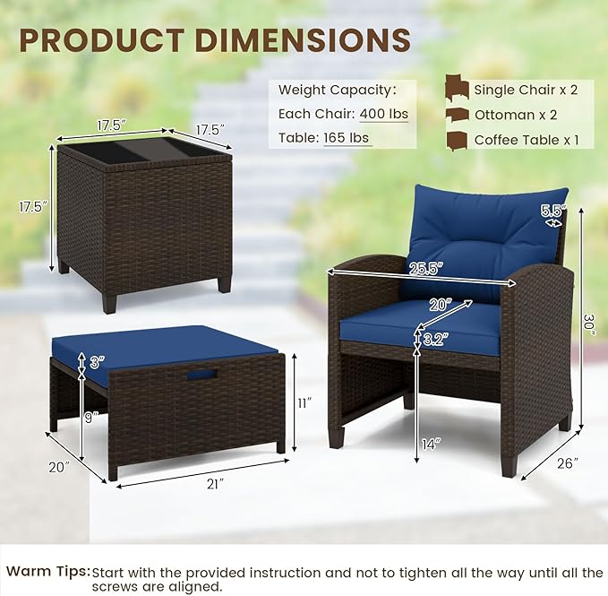 ORALNER 5 Pieces Patio Furniture Set with Ottoman, Wicker Conversation Set w/Cushions, Glass Coffee Table, Outdoor Rattan Lounger Chairs Bistro Set for Porch Balcony Garden Deck Poolside (Navy)
