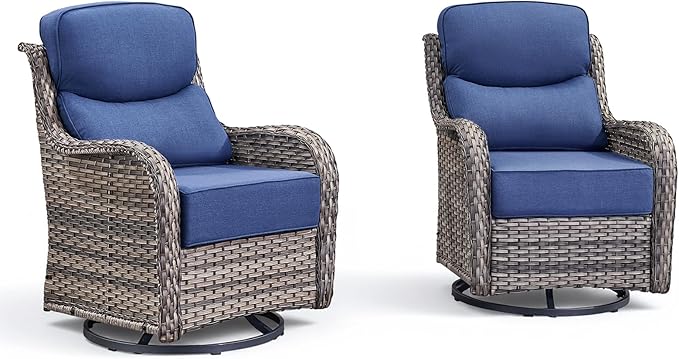 Luxury Wicker Patio Furniture Set-High Back Outdoor Swivel Chairs Set of 2 with 6" Thick Cushions Wide Armrest All Weather Patio Conversation Sets for Deck Porch Balcony(Grey/Blue)