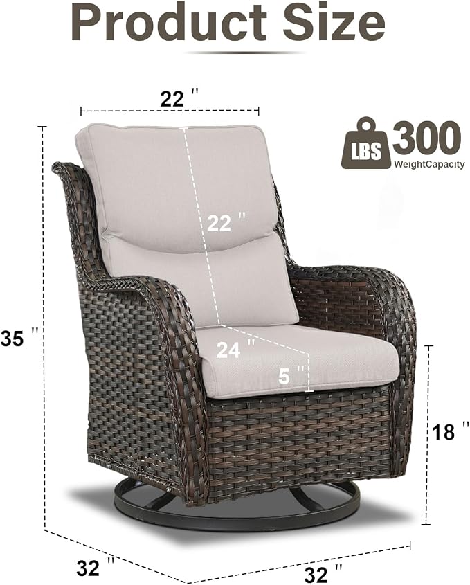Swivel Patio Chairs Set of 2 with 5" Thick Cushion - Wicker Outdoor Swivel Rocker Patio Chairs, High Back Comfortable Outdoor Glider Chair for Balcony, Porch, Deck, Poolside - Brown/Beige