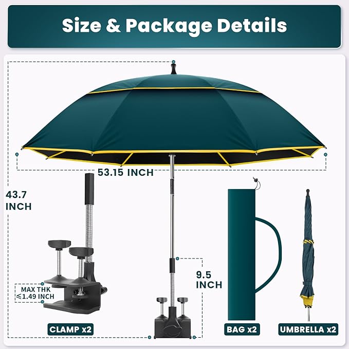 Chair Umbrella with Clamp,2PACK 53 inches Double Canopy Beach Chair Umbrella with Universal Clamp,50+ UV Protection,360° Swivel,Folding Clip on Sun Umbrellas for Table,Camping,Bench Chairs,Golf Cart