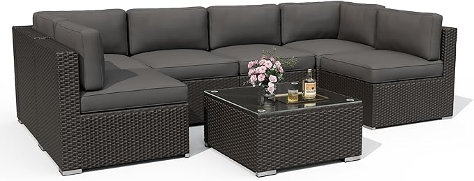 7 Pieces Outdoor Patio Furniture Set, Black Brown Wicker Patio Sectional Sofa Set, Outdoor Couch with Cushion and Tempered Glass Table, Grey
