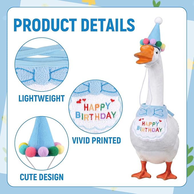 Jmkcoz Birthday Porch Goose Outfits Lawn Goose Statue Costume with Party Hat Bandana for 23" 17" Cement Plastic Statue Patio Yard Garden Outdoor Decor (Blue)