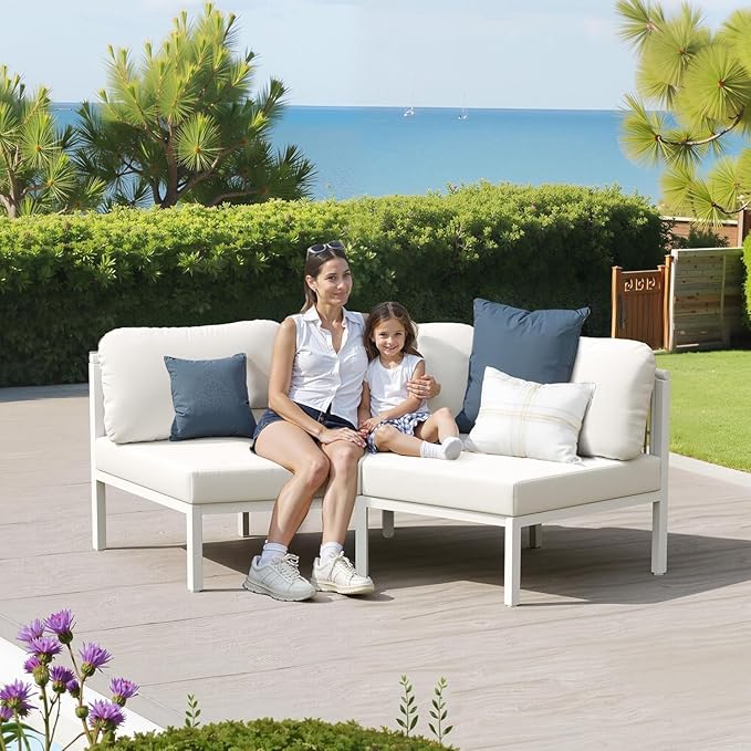 Pellebant 2-Piece Modern Curved Patio Conversation Set - Aluminum Half Moon Outdoor Sofa Furniture, Sturdy All-Weather Seating for Porch, Balcony, Garden, Beige