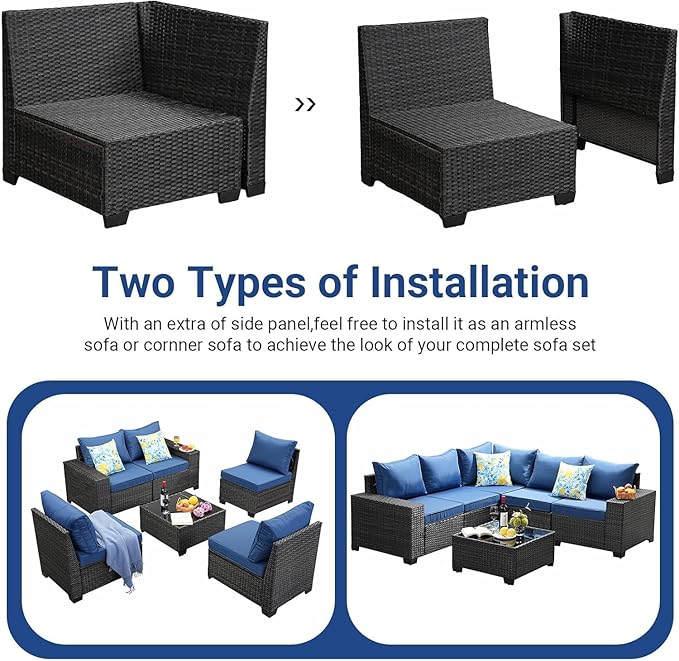 Patio Furniture Set, 10 Pieces Outdoor Couch Sofa with Wider Armrests & Glass Coffee Table, Outdoor Sectional Furniture with Thick Cushions for Party, Poolside,Garden-Navy