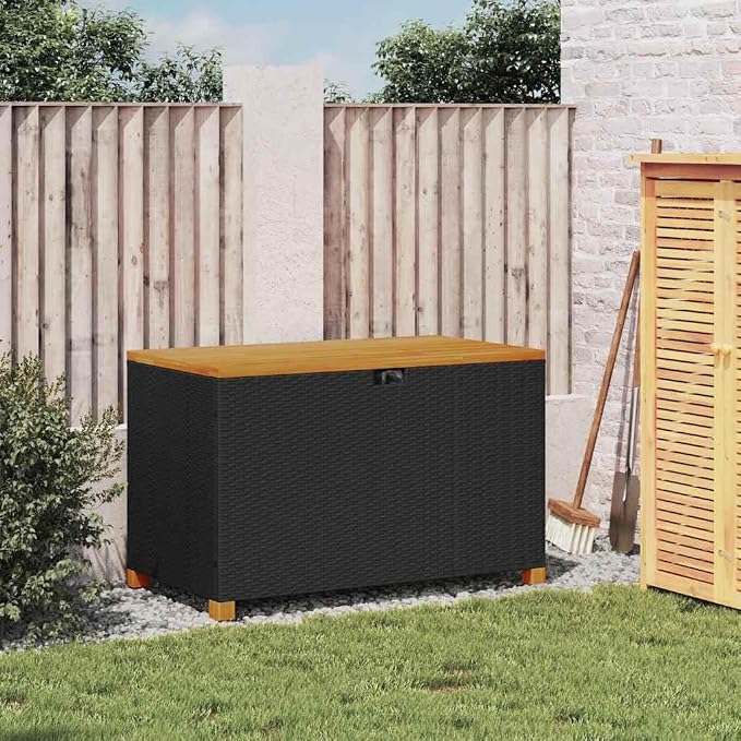 Outdoor Storage Box, Weather-Resistant Poly Rattan Garden Deck Box, 43.3-Inch Patio Storage Bench with Internal Water-Resistant Bag, Durable Patio Organizer for Cushions, Blankets, and Tools, Black